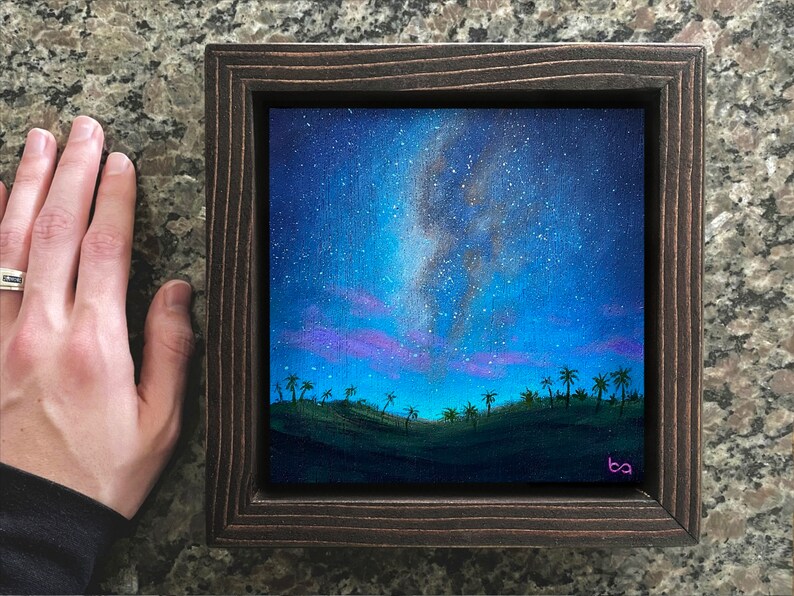 Tropical Night Sky Hand Painted, 6x6 Original Acrylic Painting, Hawaii Night Artwork, Palm Trees, Milky Way Stars, Wall Art by Ben Atkin image 8
