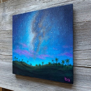 Tropical Night Sky Hand Painted, 6x6 Original Acrylic Painting, Hawaii Night Artwork, Palm Trees, Milky Way Stars, Wall Art by Ben Atkin image 3