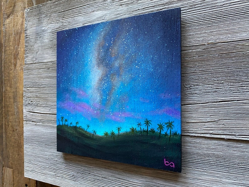 Tropical Night Sky Hand Painted, 6x6 Original Acrylic Painting, Hawaii Night Artwork, Palm Trees, Milky Way Stars, Wall Art by Ben Atkin image 3