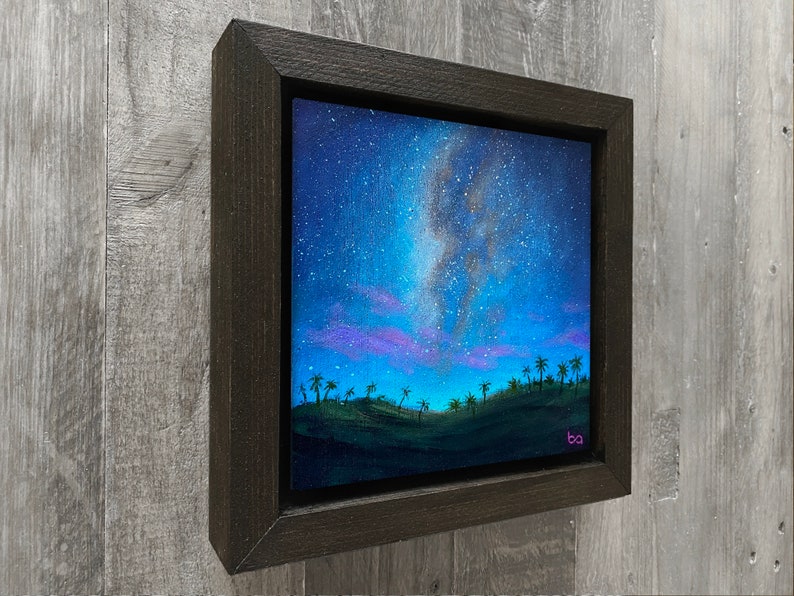 Tropical Night Sky Hand Painted, 6x6 Original Acrylic Painting, Hawaii Night Artwork, Palm Trees, Milky Way Stars, Wall Art by Ben Atkin image 6