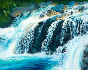 Deception Falls Original Oil Painting: Blue Teal Waterfall Artwork (36x48 in)