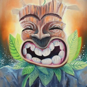 Hand-Painted Smiling Tiki Oil Painting: Hawaiian Wall Art Decor