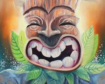Hand-Painted Smiling Tiki Oil Painting: Hawaiian Wall Art Decor