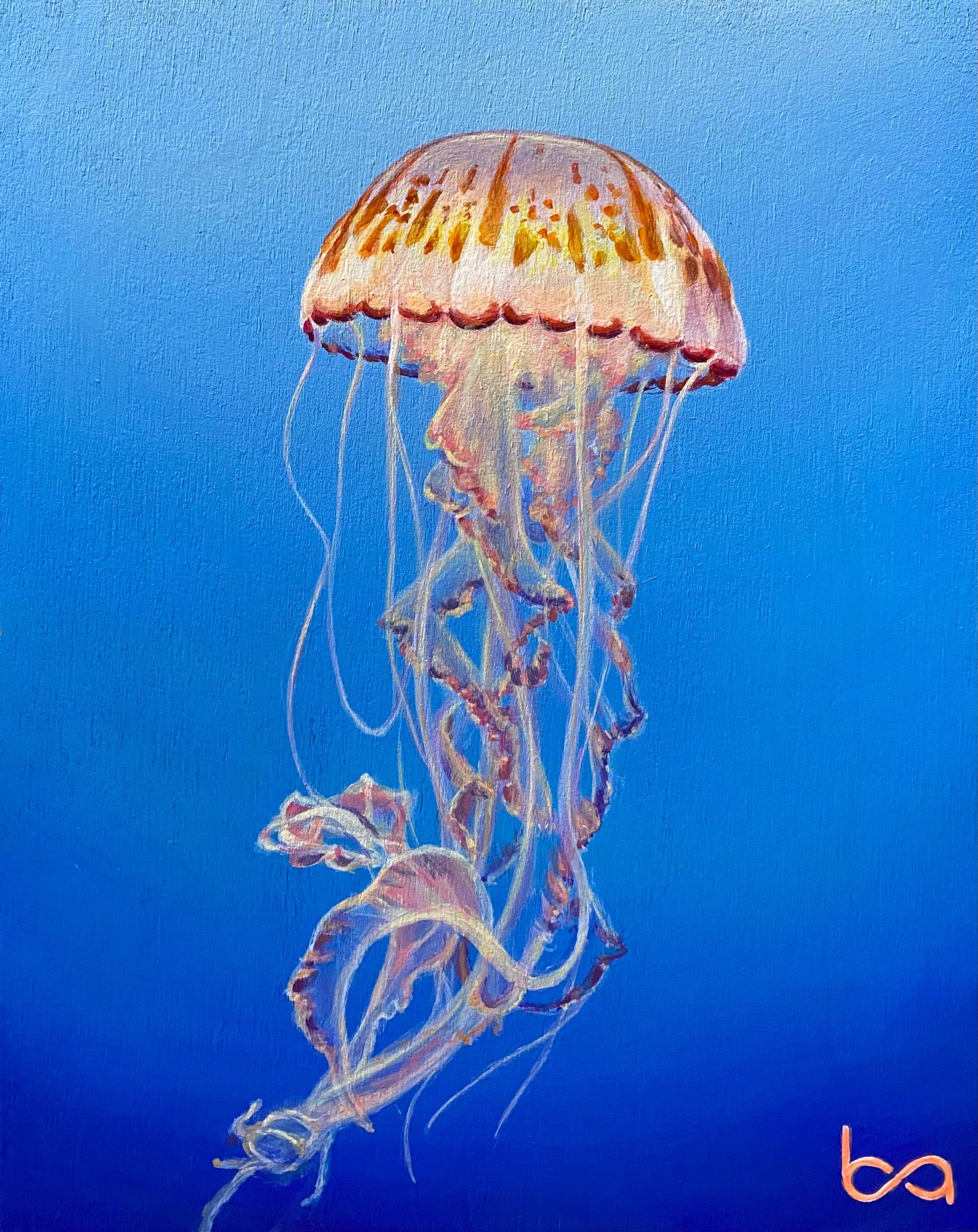 アクリル画 くらげ クラゲの絵画：手描きのアクリルオリジナル海洋アートワーク（4.75x6