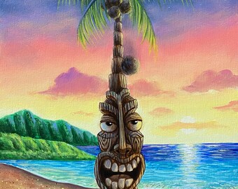 Coconut Tiki Painting: Original Acrylic Tropical Palm Tree Art (4.75x6&quot;)