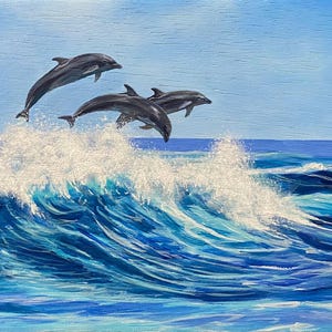 Dolphins Painting: Ocean Waves Acrylic Art, 5x7&quot;