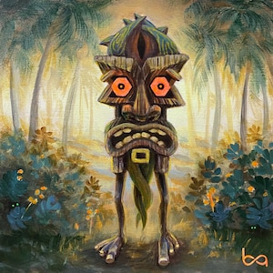 Walking Tiki - Hand Painted Original, 6x6&quot; Acrylic Painting, Tiki Bar, Tropical Forest, Custom Wood Carved Tiki Artwork by Ben Atkin Art