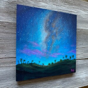 Tropical Night Sky Hand Painted, 6x6 Original Acrylic Painting, Hawaii Night Artwork, Palm Trees, Milky Way Stars, Wall Art by Ben Atkin image 2
