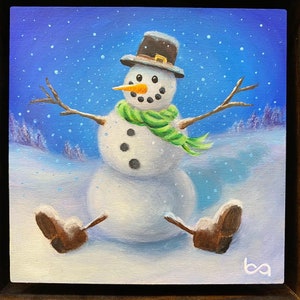 Snowman Hand Painted, 4x4 Original Acrylic Painting, Snowman Portrait, Winter Snow Custom Art, Christmas Gift Wall Art Decor by Ben Atkin image 4