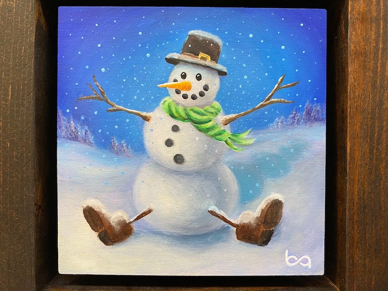 Snowman Hand Painted, 4x4 Original Acrylic Painting, Snowman Portrait, Winter Snow Custom Art, Christmas Gift Wall Art Decor by Ben Atkin image 4