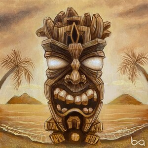 Sepia Tiki - Hand Painted Original, 6x6&quot; Acrylic Painting, Tiki Bar, Tropical Vintage Sepia Brown Colors, Custom Carved Tiki Art Ben Atkin