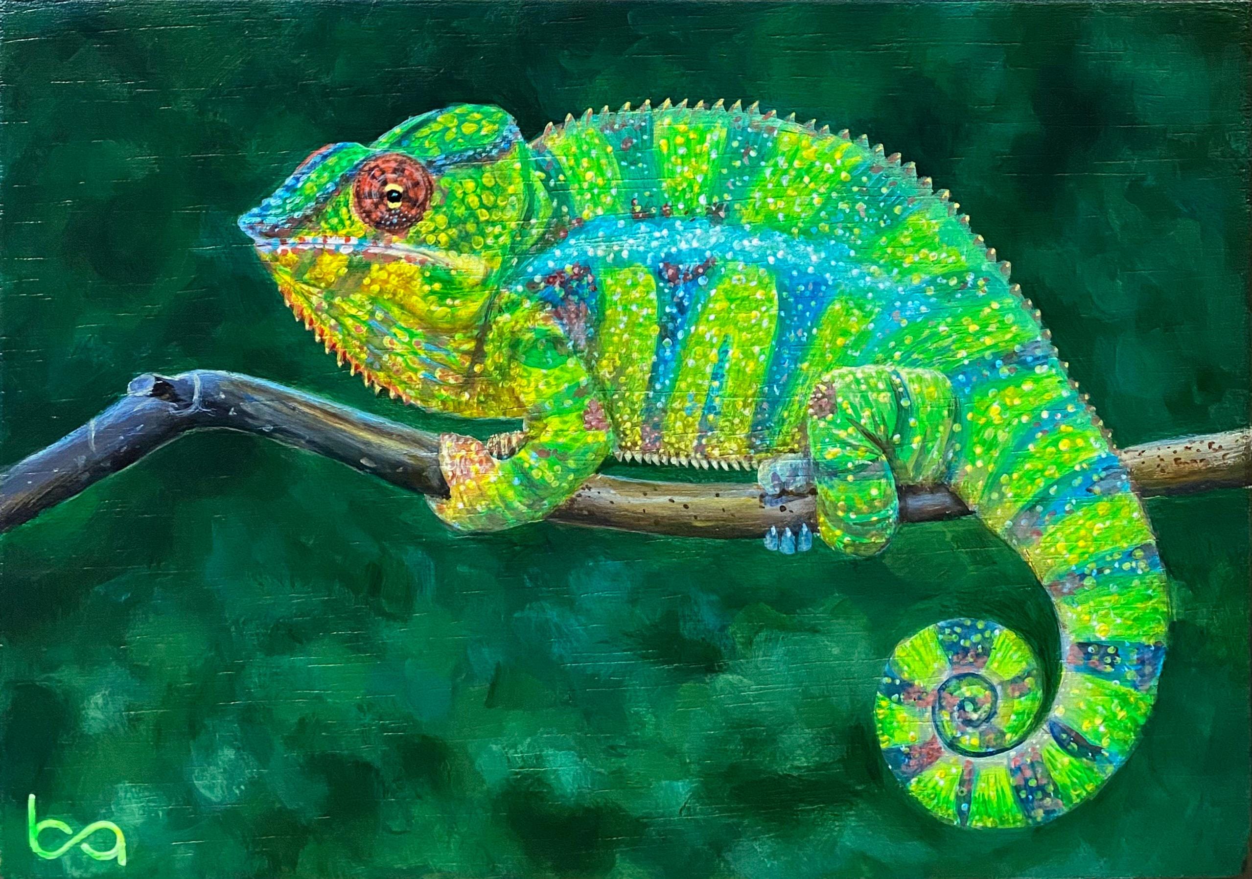 Chameleon Painting, Original Acrylic Lizard Artwork (5x7) - Etsy