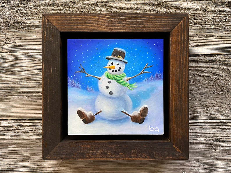 Snowman Hand Painted, 4x4 Original Acrylic Painting, Snowman Portrait, Winter Snow Custom Art, Christmas Gift Wall Art Decor by Ben Atkin image 1