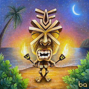 Torch Tiki Painting: 6x6&quot; Original Acrylic, Tropical Sunset Art