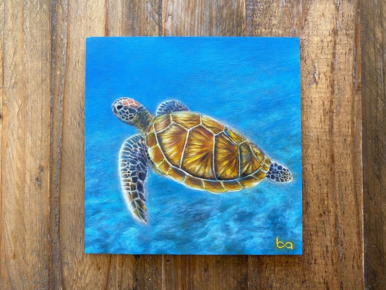 Sea Turtle Artist Proof, 6x6 Acrylic Painting, Mini Tropical Sea Life