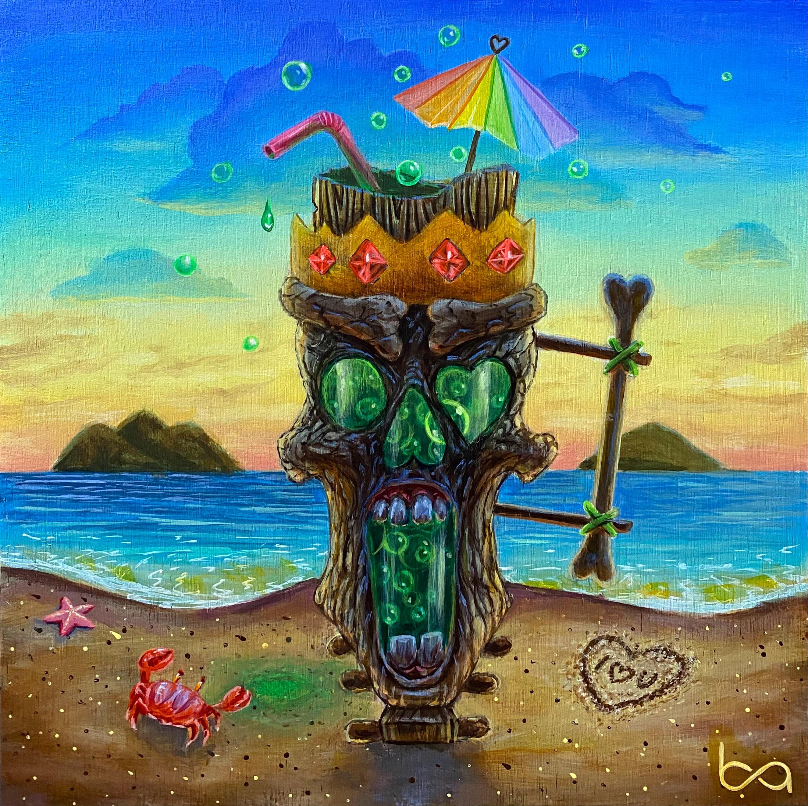 Toxic Brew Tiki - Hand Painted Original, 6x6" Acrylic Painting, Tiki Bar, Tropical Beach, Custom Lanikai Rainbow Art by Ben Atkin