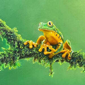 Tree Frog Painting: Original Acrylic Art, Mossy Branch, 5x7&quot;