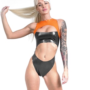 Metallic Latex Bodysuit Set – Navy Blue & Orange Rubber Lingerie with Zipper, High-Waisted Panties And Bra, Wet Look Latex Clothing
