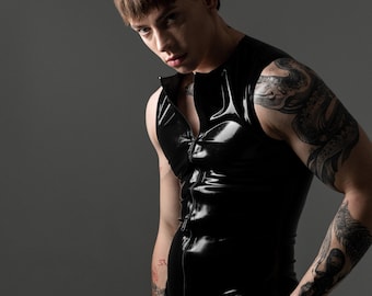 Latex Black Bodysuit for Men with Front Zipper Male Rubber Catsuit Top Fetish Latex Clothing Clubwear