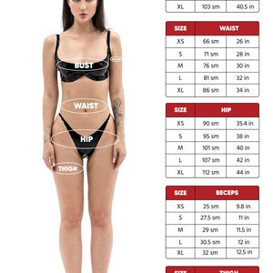 May include: A latex size guide chart featuring a black latex bra and high-cut briefs. The image includes tables for bust, waist, hip, bicep, and thigh measurements in inches and centimeters, with labels pointing to the corresponding body areas.