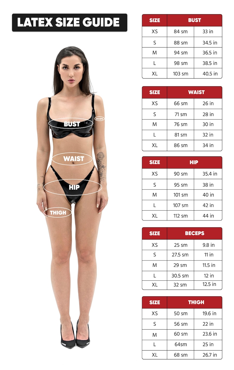 May include: A latex size guide chart featuring a black latex bra and high-cut briefs. The image includes tables for bust, waist, hip, bicep, and thigh measurements in inches and centimeters, with labels pointing to the corresponding body areas.