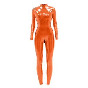 Orange Latex Catsuit with Back Zipper – Vegan Rubber Full Bodysuit with 3-Slider Crotch Zipper, Handmade Latex Suit
