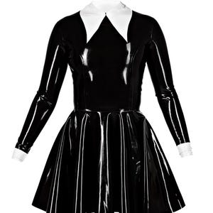 Black Latex Longsleeve Skater Dress – Ruffled Party Outfit & Cosplay Look for Women, Elegant Rubber Fashion for Raves, Latex Outfit