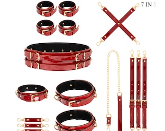 Lacquered Leather Set Restraint Bondage Set, Genuine Leather Harness for Women Cuffs and Connectors for Wrists, Ankles, Thighs Handmade Gear