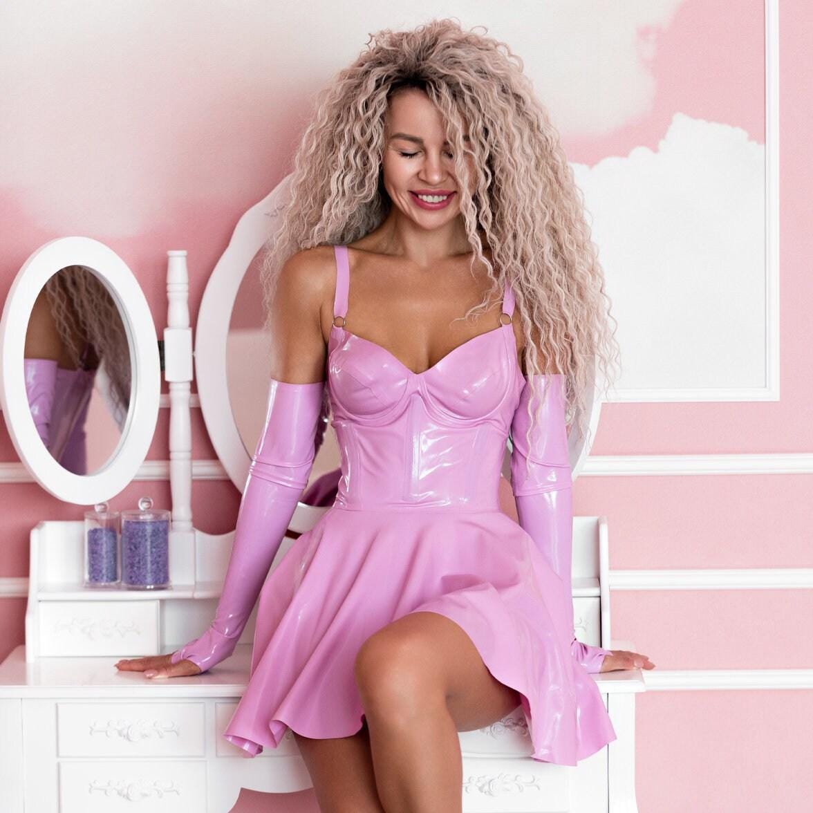 Hot Pink Latex Skater Dress – Sleeveless Rubber Cocktail Outfit, Fetish  Cosplay Dress, Ruffled Party Wear for Women
