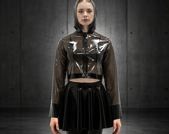 Black Latex Hoodie Jacket | Semi-Transparent Rubber Coat | Partywear | Cosplay Outfit | Fetish Latex Clothing for Women