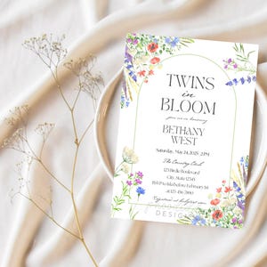 Zwillinge in Blüte-Babyparty-Einladung, Blumen-Babyparty-Vorlage, bearbeitbare Babyparty-Einladung, Boho Wildflower-Babyparty druckbar