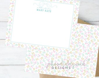 Grandmillennial Floral Bow Stationery Set | Floral Bow Note Cards | Girls&#39; Stationery Printable | Editable Stationery Template