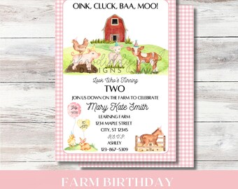 Oink Cluck Baa Moo Look Who's TWO | Farm Birthday Invitation | Party Animals Kids Invite | Editable Template | Girl 2nd Birthday Invitation