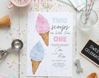 Ice Cream Birthday Invitation, Two Scoops are Better Than One, Twin Invite, Sweet One 1st Birthday, Watercolor Pastel Editable Template