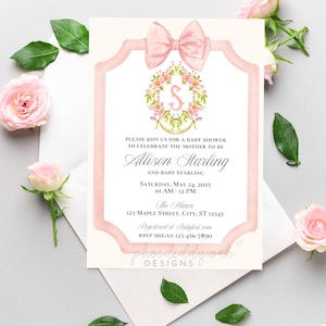 Watercolor Crest Baby Shower Invitation, Pink Bow & Monogram Baby Shower Template, Baby Shower Printable, Editable Baby Shower Invitation