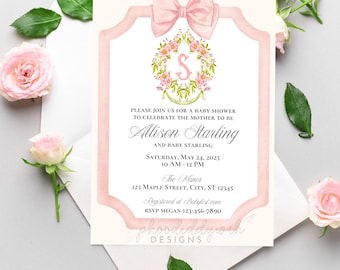 Watercolor Crest Baby Shower Invitation, Pink Bow & Monogram Baby Shower Template, Baby Shower Printable, Editable Baby Shower Invitation