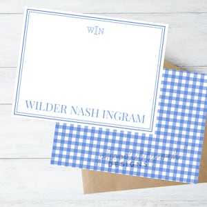 Blaues Monogramm Briefpapier Set | Blau Gingham Grußkarten | Jungen Schreibwaren | Bearbeitbare Briefpapier Vorlage | Sofort Download