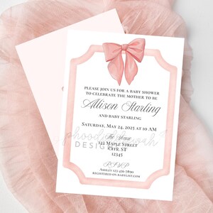Watercolor Pink Baby Shower Invitation, Pink Bow Baby Shower Template, Bow Baby Shower Invitation, Editable Pink Baby Shower Invitation