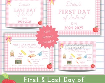 Schulanfang Schild | 1st Day of School Printable | Bearbeitbare Vorlage für den Schulanfang | Pink karierte Apfel Bleistift Schulschild Download
