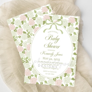 Hortensie-Babypartyeinladung, grüne Schleife & Blumen-Babypartyvorlage, druckbare Babyparty, bearbeitbare Babypartyeinladung