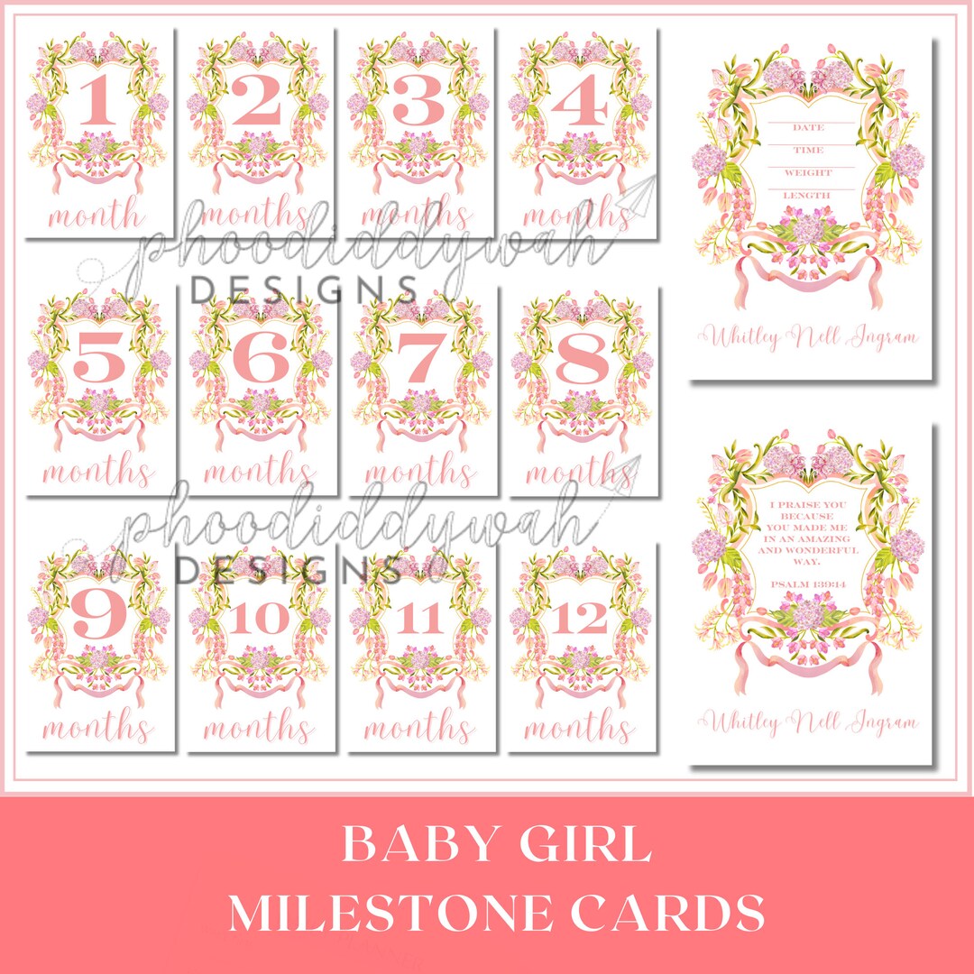 Baby Milestone Cards | Girl Milestone Printable | Pink Floral Crest ...