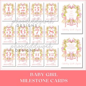 Cartes bébé étape importante | Fille jalon imprimable | Cartes-photos roses florales pour bébés représentant l'événement marquant du mois pour bébé