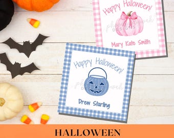 Halloween Favor Tag | Halloween Digital Download | Trick or Treat Tag Template | Blue Gingham Pumpkin | Pink Gingham Pumpkin
