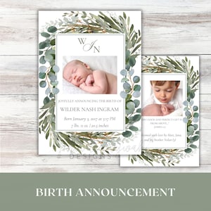 Greenery Birth Announcement Printable | Custom Birth Announcement Card | Gender Neutral Birth Announcement Template | Newborn Announcement