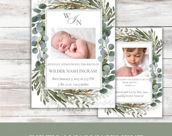 Anuncio de nacimiento de Greenery imprimible / Tarjeta de anuncio de nacimiento personalizada / Plantilla de anuncio de nacimiento de género neutro / Anuncio de recién nacido
