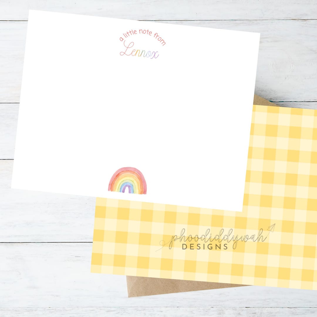 Rainbow Stationery Set | Yellow Gingham Note Cards | Watercolor Rainbow ...