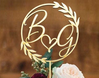 Rustic Wood Cake Topper Wreath with Initials Personalized Wedding cake toppers Heart Monogram Cake Topper Custom Initials B G Rustic cake