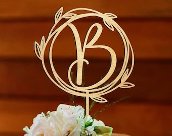 Personalized Initial wedding cake topper B Rustic Wooden letter B Cake Topper Floral Wedding Decor Mr and Mrs Wood Wreath Cake Topper gold