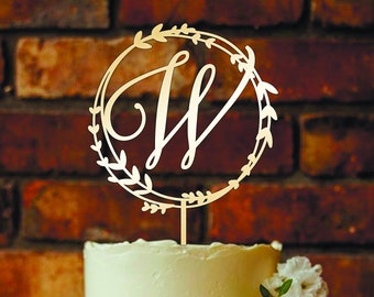 Rustic Wreath Initial Cake Topper Personalized Wedding Decor Custom Wooden Initial Cake Topper Rustic Wedding Topper W Initial Cake Topper