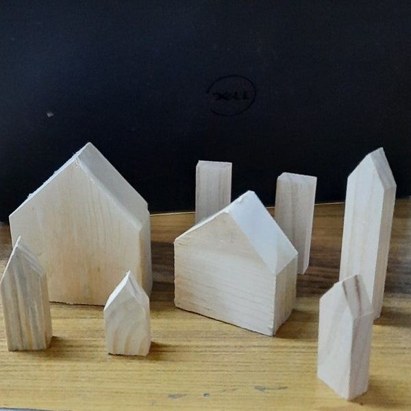 Wooden House Blocks, Set of 8 wooden houses, small village, Ready to paint wood house. With FREE Ladder
